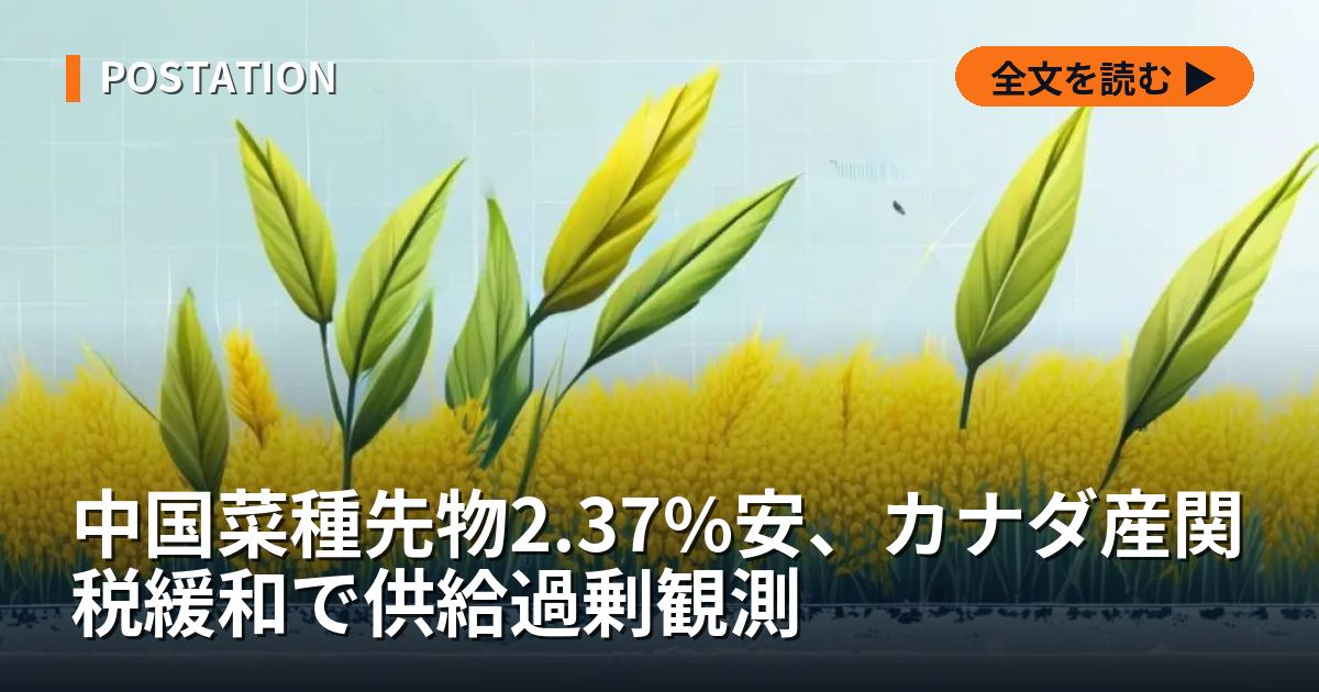 中国菜種先物2.37%安、カナダ産関税緩和で供給過剰観測