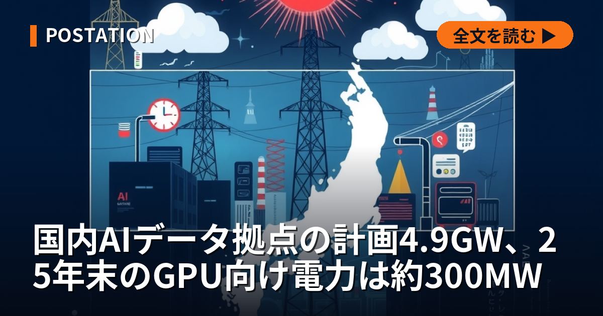 国内AIデータ拠点の計画4.9GW、25年末のGPU向け電力は約300MW